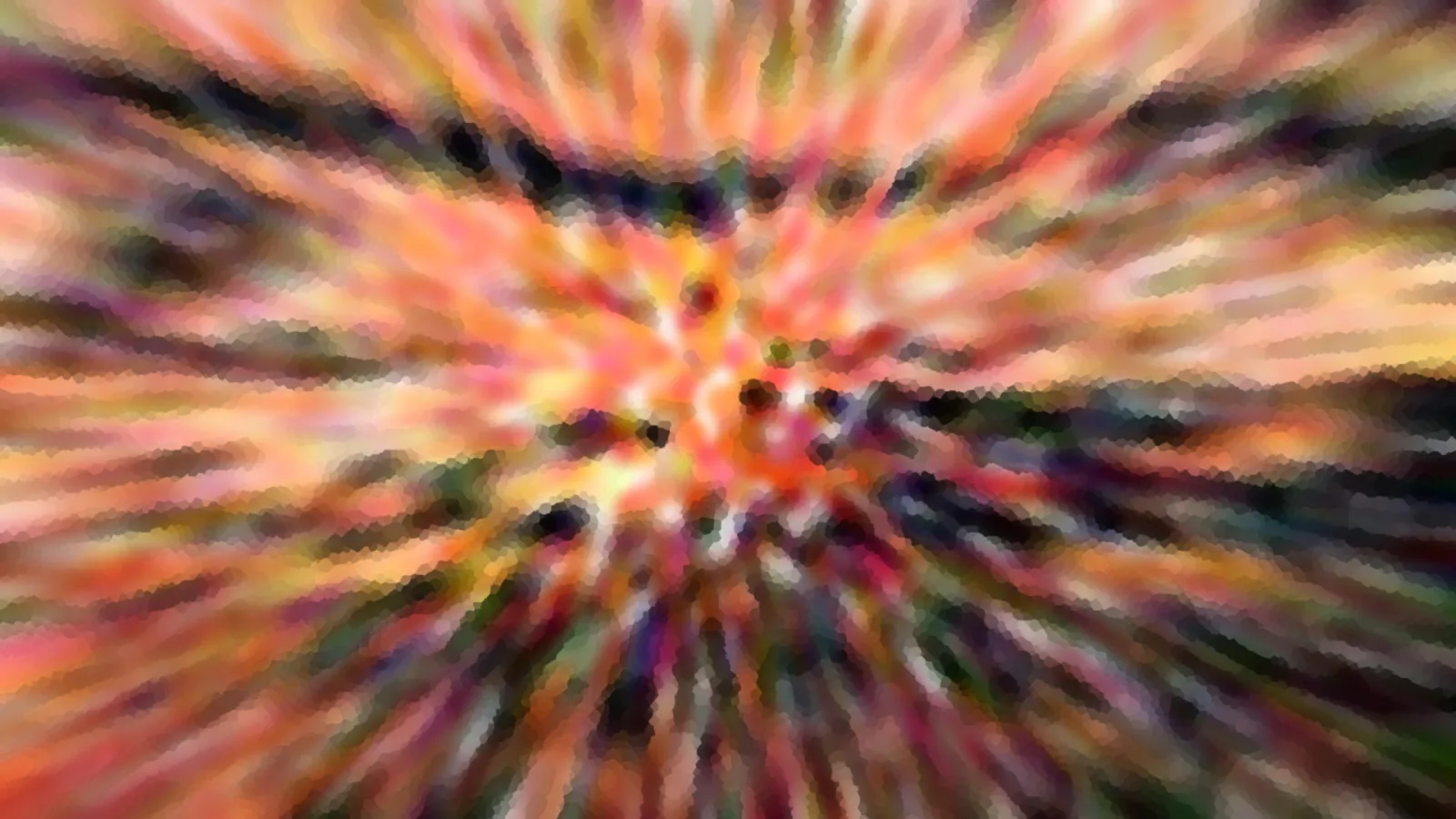 Abstrakte Komposition aus radial von der Mitte ausstrahlenden orangefarbenen, rosafarbenen und dunklen Schlieren mit mosaikartiger Pixelung