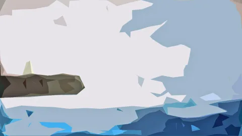 Abstrakte Komposition aus großen weißen und hellblauen Flächen, unten dunkelblau mit hellen Akzenten, links ein olivbrauner Streifen mit einer kleinen gelblichen Spitze.