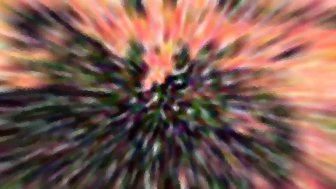 Abstrakte Komposition aus radial verlaufenden, verwischten Farbstreifen in Rosa, Orange und Grün mit dunklem Zentrum.