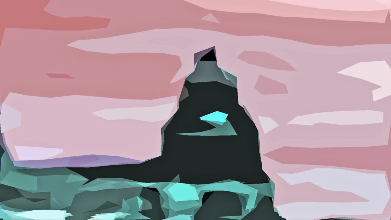 Abstrakte Low-Poly-Grafik mit einem dunklen, zackigen Felsgipfel in der Bildmitte, darüber ein rosa und helllila gestreifter Himmel, unten türkisfarbene Felsformen.