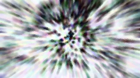 Abstraktes Bild mit radial von der Mitte nach außen laufenden Schlieren in Weiß, Grün, Violett und Dunkelgrau, grob gepixelt.