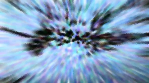 Abstrakte Komposition aus blauen, türkisen und violetten Streifen, die von einem dunklen Zentrum radial nach außen laufen.