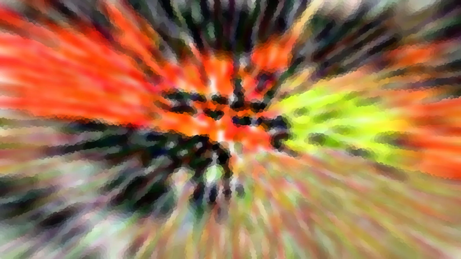 Abstrakte Komposition aus radial von einem dunklen Zentrum ausstrahlenden Streifen in Rot, Orange, Gelb und Grün, mit dunklen Flecken in der Mitte.