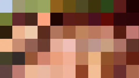 Pixelmosaik aus quadratischen Farbfeldern in Hellblau, Olivgrün, Braun, Rot und vielen Hauttönen