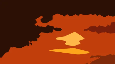 Abstrakte Komposition aus orangefarbenen und dunkelbraunen Flächen, im Zentrum zwei helle, gelborange Formen.