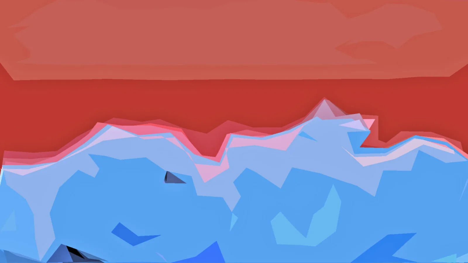 Abstrakte Landschaft aus flachen Dreiecksflächen: blaue Bergkämme unter einem rotorangen Himmel, am unteren Rand dunklere Schattenflächen.