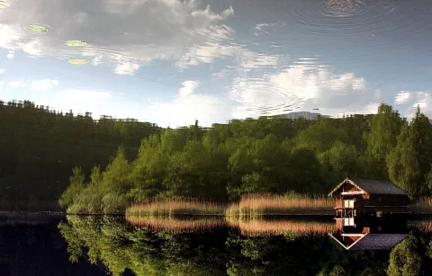Rotbraunes Holzhaus mit Satteldach am Ufer eines Sees, davor Schilf, dahinter Wald und Wolken, die sich im Wasser spiegeln.