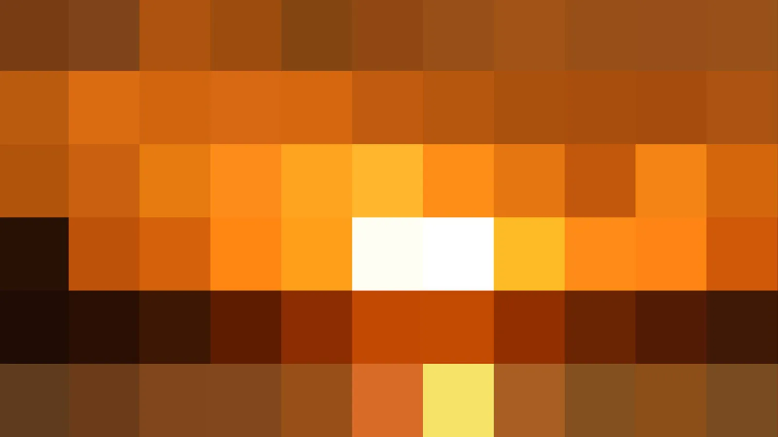 Abstraktes Mosaik aus quadratischen Pixelfeldern in Orange-, Braun- und Gelbtönen, in der Mitte zwei weiße Felder.