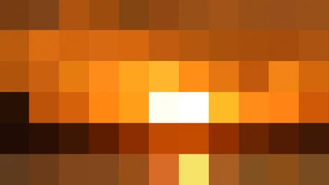 Abstraktes Mosaik aus quadratischen Pixelfeldern in Orange-, Braun- und Gelbtönen, in der Mitte zwei weiße Felder.