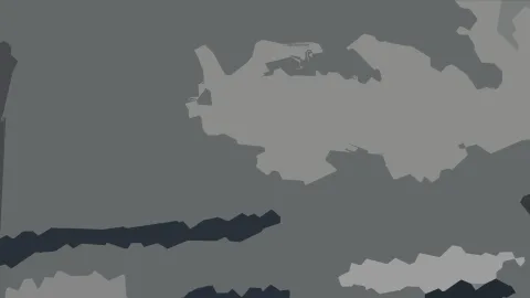 Abstraktes Bild mit grauem Hintergrund, auf dem helle und dunkle graue Flächen mit unregelmäßigen, zackigen Rändern liegen. Eine große helle Form zieht sich von der Mitte nach rechts oben, dunkle Streifen liegen am linken Rand und unten.
