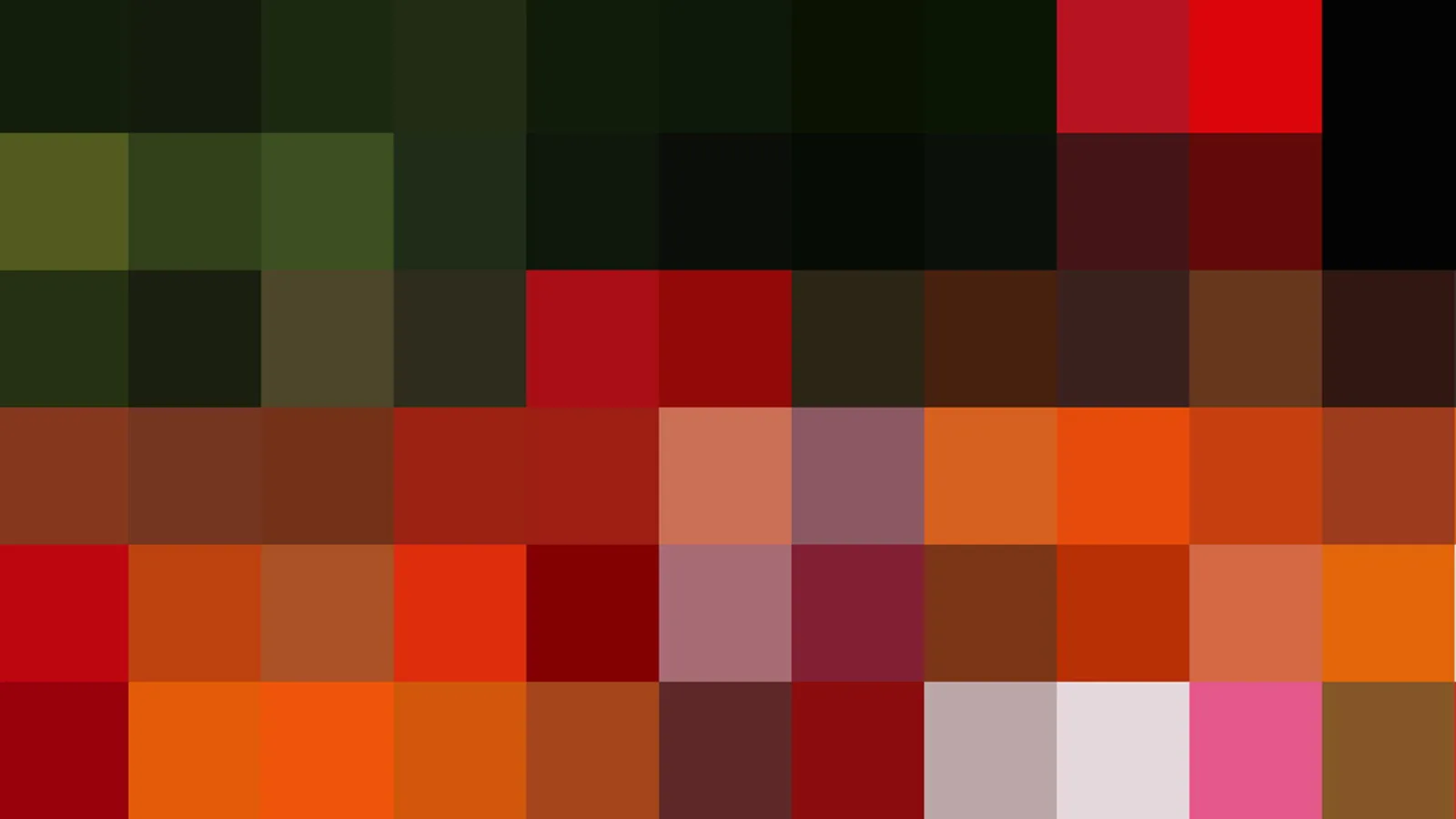 Mosaik aus quadratischen Pixelblöcken in Dunkelgrün, Schwarz, Rot, Orange und einzelnen hellen Akzenten wie Rosa und Hellgrau in einem Raster aus sechs Reihen.