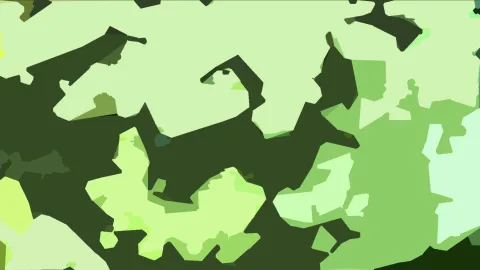 Abstrakte Komposition aus unregelmäßigen grünen Flächen in dunklem und hellem Grün, angeordnet wie ein Tarnmuster.