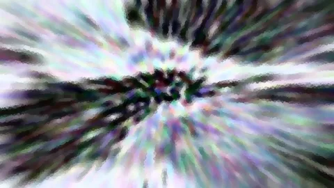Abstraktes Bild mit radialer Bewegungsunschärfe in Lila, Grün und Weiß, grob gerastert wie ein Mosaik, dunkles Zentrum