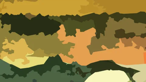 Abstraktes Bild aus unregelmäßigen Flächen in Ocker, Olivgrün, Dunkelgrün, Orange und Creme.