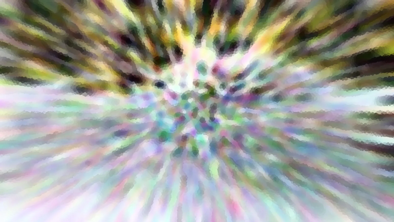 Abstrakte Komposition aus bunten Strahlen, die von einem hellen Zentrum nach außen laufen, in Pastellgrün, Gelb, Rosa und Blau, mosaikartig verpixelt.