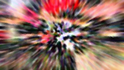 Abstrakte Komposition aus radial von der Mitte nach außen laufenden Streifen in Rot, Pink, Grün, Schwarz und Weiß, unscharf und stark verwischt.