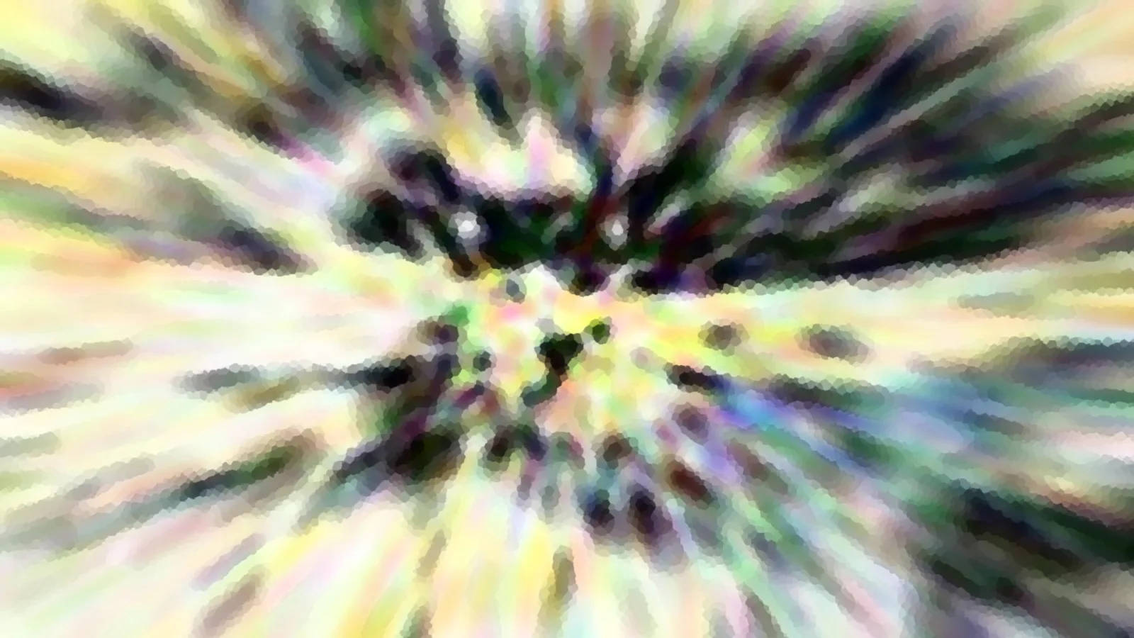 Abstrakte Komposition mit verwischten Farbstreifen in Gelb, Grün und Violett, die von einer dunklen Mitte radial nach außen strahlen, mosaikartig gepixelt.