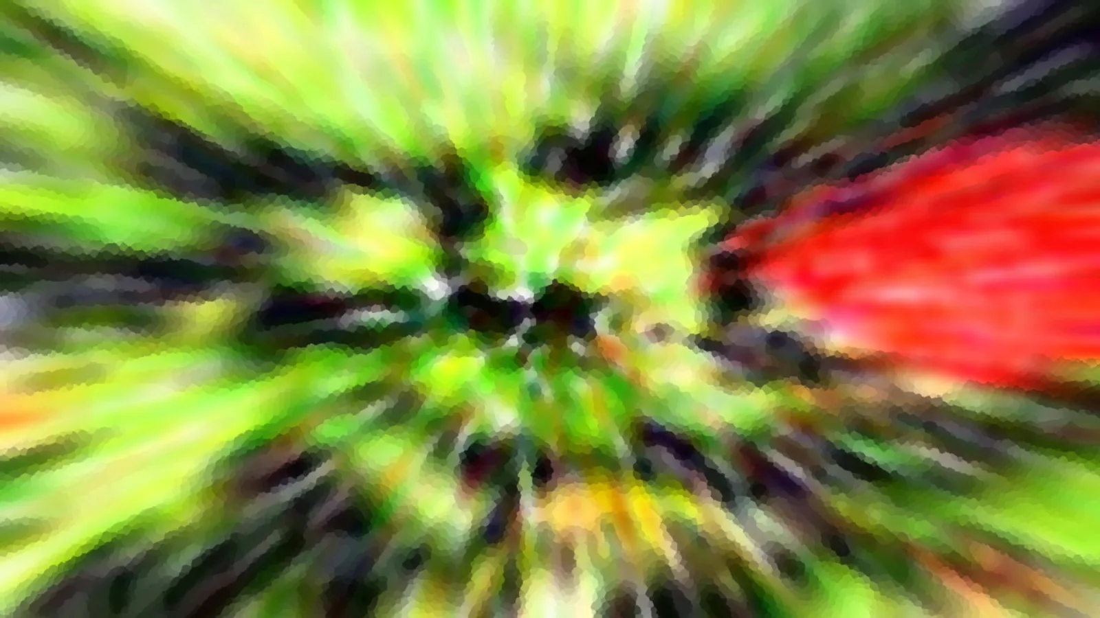 Abstrakte Komposition aus radialen, verwischten Streifen in Grün, Gelb und Schwarz, die vom Zentrum nach außen laufen, rechts ein leuchtend roter Bereich.
