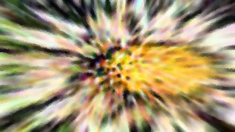 Abstrakte radiale Unschärfe mit gelbem Zentrum, umgeben von grünen, violetten und weißen Streifen in einem mosaikartigen Raster.