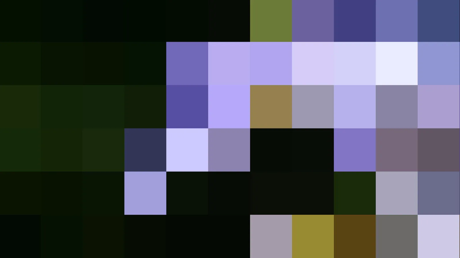 Mosaik aus quadratischen Farbblöcken in Dunkelgrün, Violett, Lavendel, Olivgrün und Braun, dunkle Blöcke links und oben, helle Blöcke rechts.