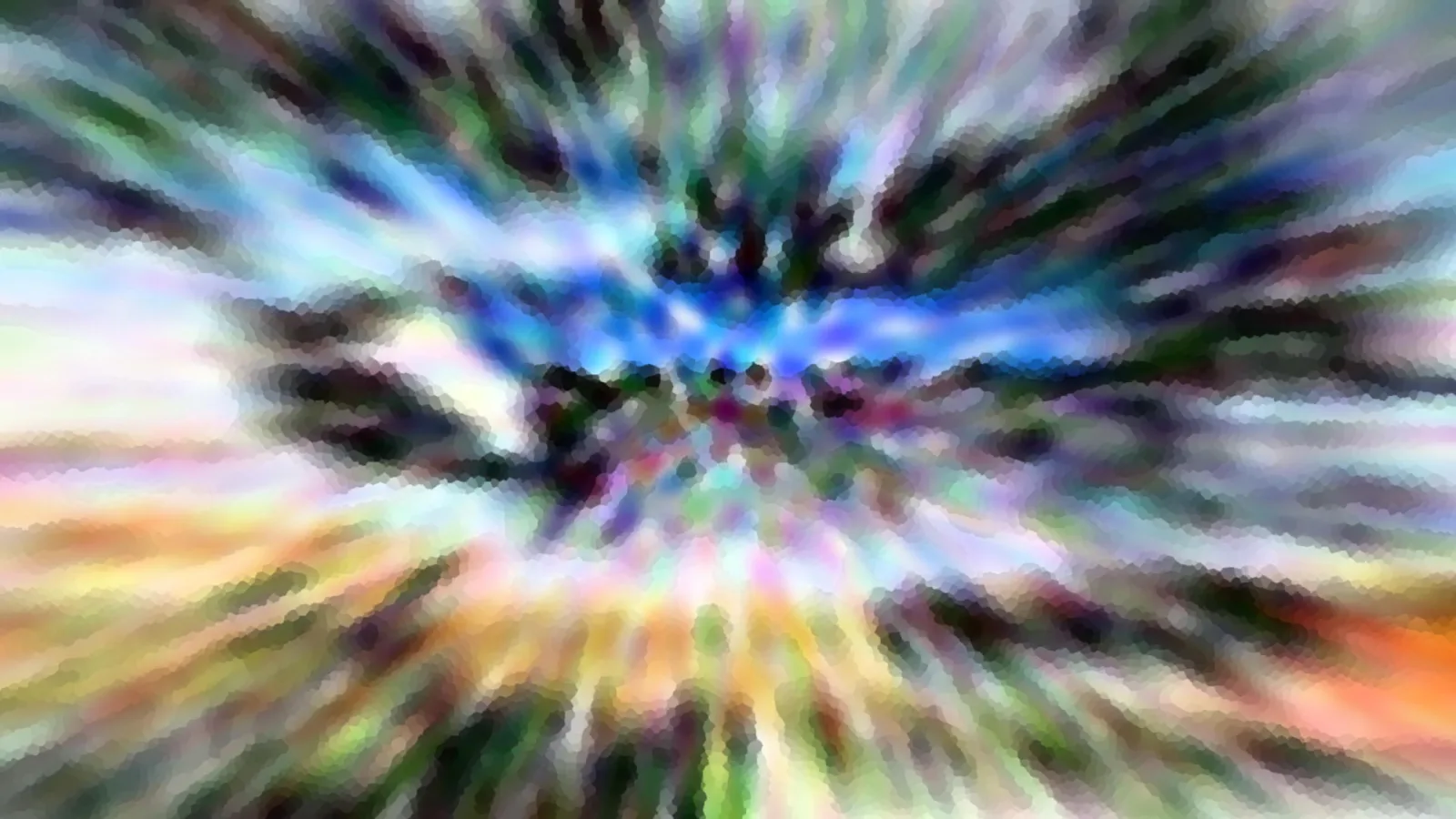 Abstrakte Komposition aus bunten Strahlen, die von einem dunklen Zentrum nach außen laufen, in Blau, Grün, Violett und Orange mit mosaikartiger Körnung.