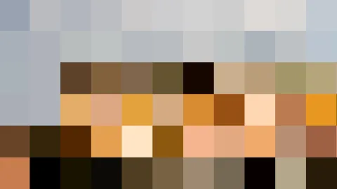 Quadratisches Pixelraster aus Farbfeldern: oben grau und hellgrau, in der Mitte Brauntöne und Orange, unten Schwarz und Erdtöne.