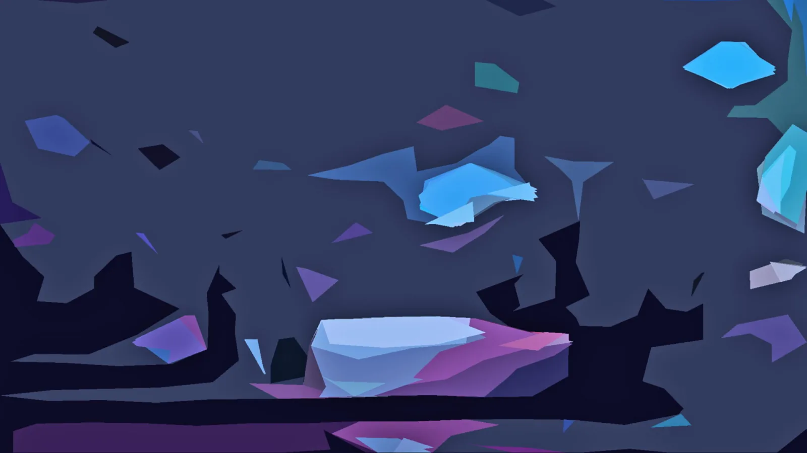 Abstrakte Komposition aus blauen und violetten Kristallformen vor nachtblauem Hintergrund, unten dunkle Silhouetten von Felsen.