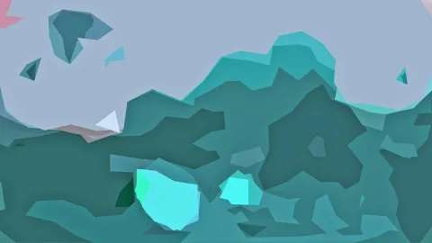 Abstrakte Landschaft aus türkisen, kantigen Polygonen mit Bergkämmen unter einem grauen Himmel, rechts unten ein leuchtend cyanfarbener Kristall, oben links ein rosa Akzent.