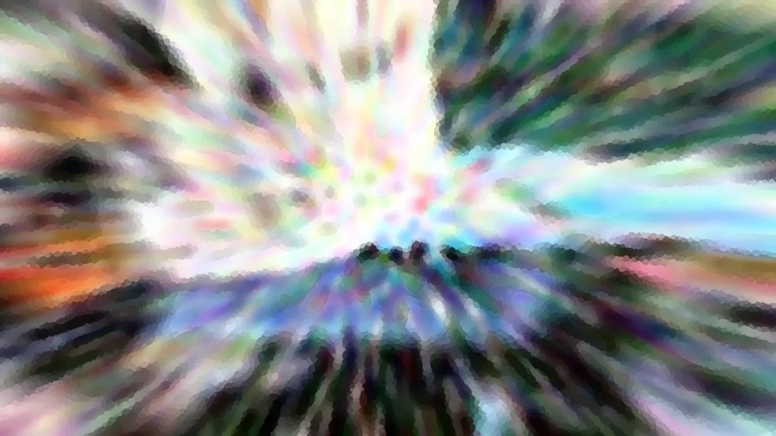 Abstrakte Komposition aus bunten, radial vom Zentrum ausstrahlenden Schlieren in Weiß, Grün, Blau und Orange, im Mittelpunkt einige kleine dunkle Silhouetten am Horizont.