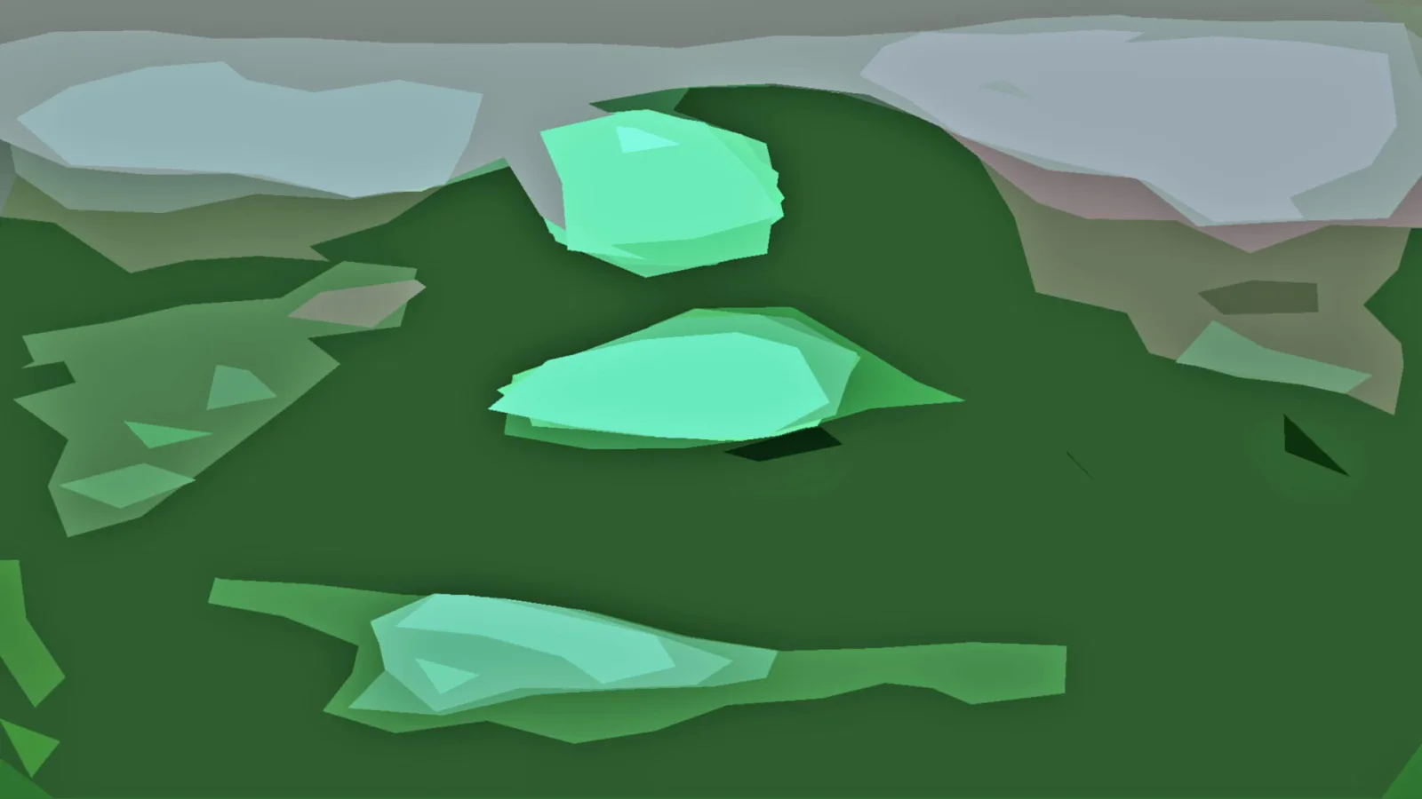Abstrakte Landschaft mit dunkelgrünen Hügeln, hellmintgrünen Flächen und grauweißen Wolkenformen am oberen Bildrand.