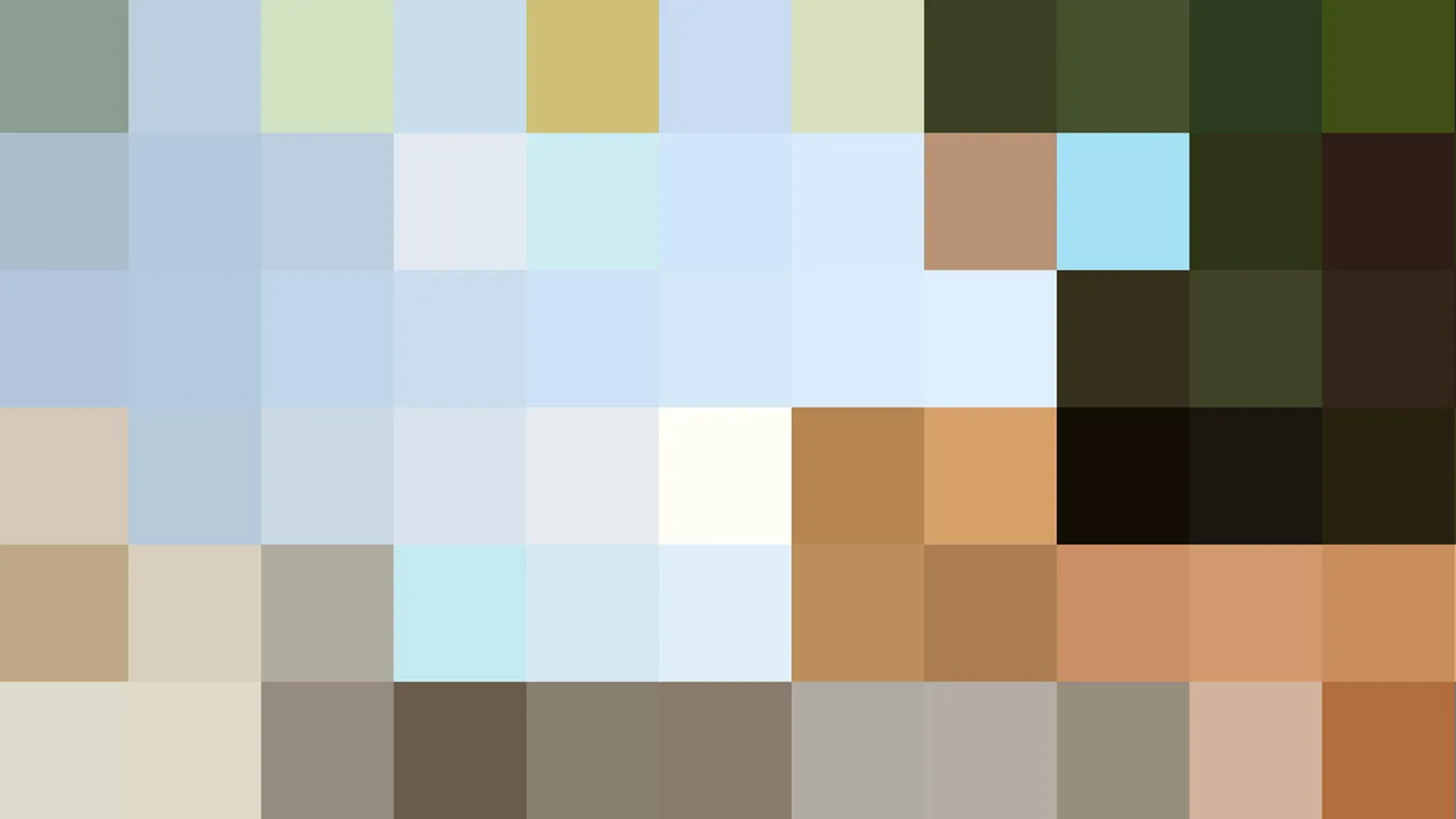 Abstraktes Mosaik aus rechteckigen Farbfeldern: oben und links helle Blau- und Grautöne, rechts dunkle Grüntöne, unten Beige, Braun und warme Hauttöne.
