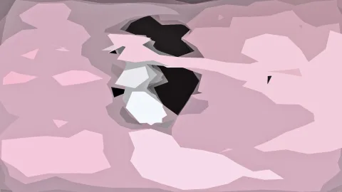 Abstrakte Komposition aus rosafarbenen, grauen, schwarzen und weißen Polygonflächen mit einer dunklen, lochartigen Öffnung in der Bildmitte.