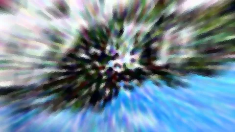 Abstrakte Komposition aus radial verlaufenden, verwischten Streifen in Blau, Grün und Weiß mit einem dunklen Zentrum.