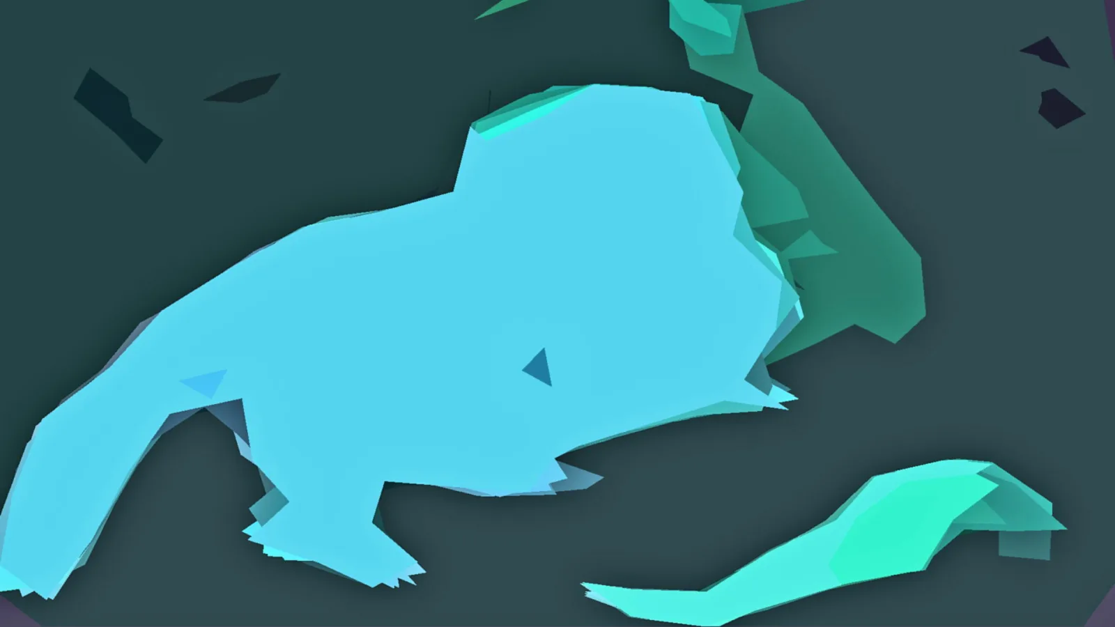 Abstrakte Low-Poly-Formen in Hellblau und Mintgrün auf dunkelgrünem Grund, eine große hellblaue Form dominiert die Bildmitte.