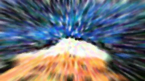Abstraktes Bild mit blau-grünen Schlieren, die vom oberen Bildbereich strahlenförmig nach außen laufen, und einem orangefarbenen Leuchten am unteren Rand.
