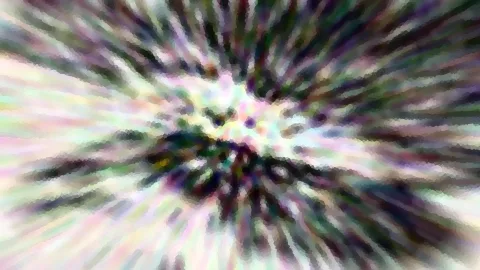 Abstrakte Komposition aus bunten, radial vom Zentrum ausstrahlenden Streifen in Grün, Violett und Weiß, grob gepixelt.