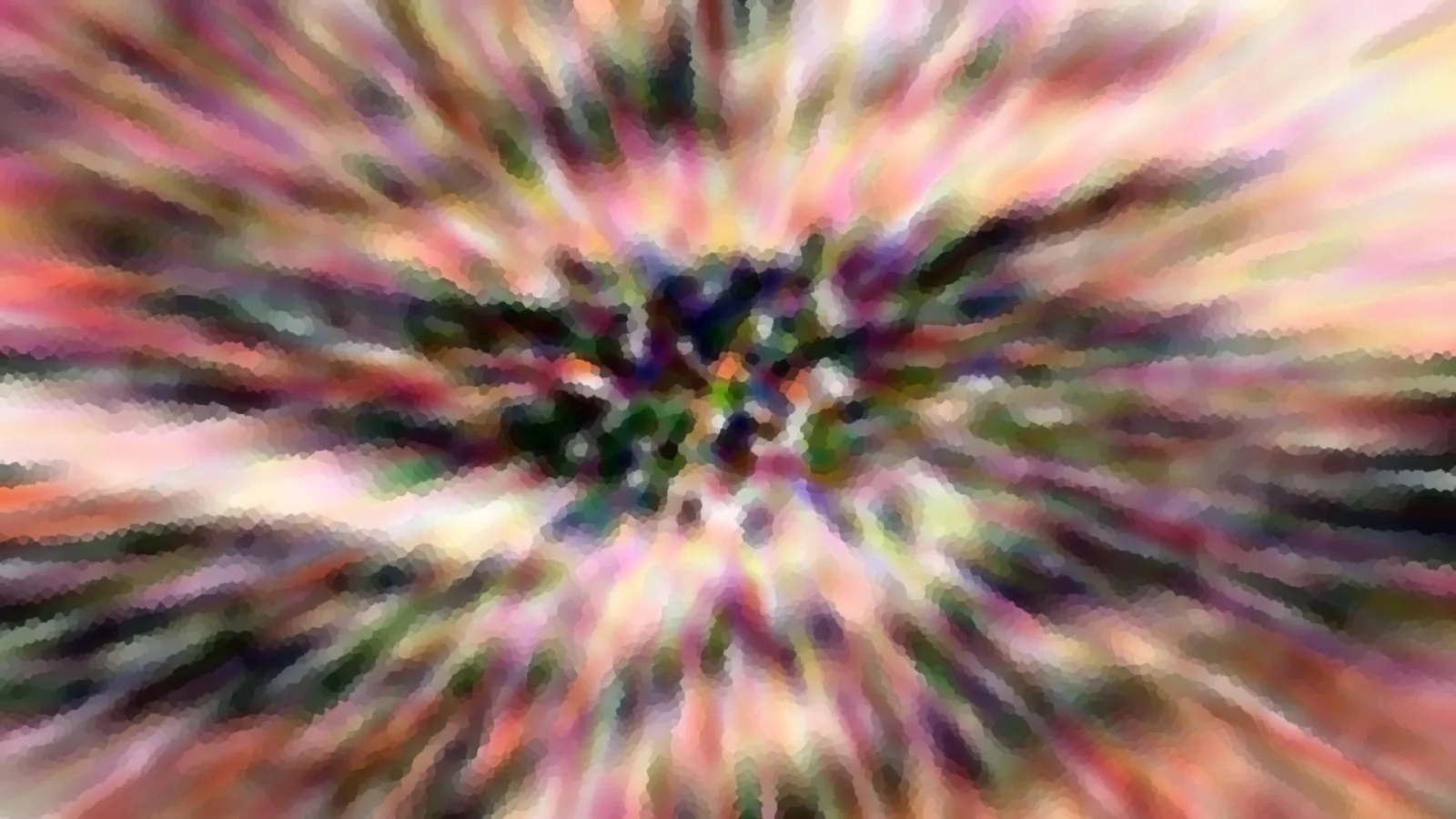 Abstrakte Komposition aus bunten rosa, grünen und weißen Streifen, die radial von einem dunklen Zentrum nach außen verlaufen.