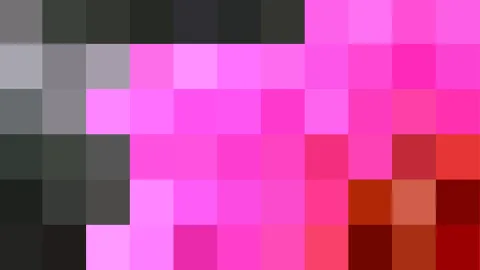 Abstraktes Mosaik aus pinken, magentafarbenen und roten Pixelblöcken, oben links dunkelgraue Felder, unten rechts rote Töne.