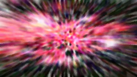 Abstrakte Komposition mit radialen Unschärfestrahlen, in der Mitte leuchtend pink und rot, zum Rand hin dunkel grün und violett.