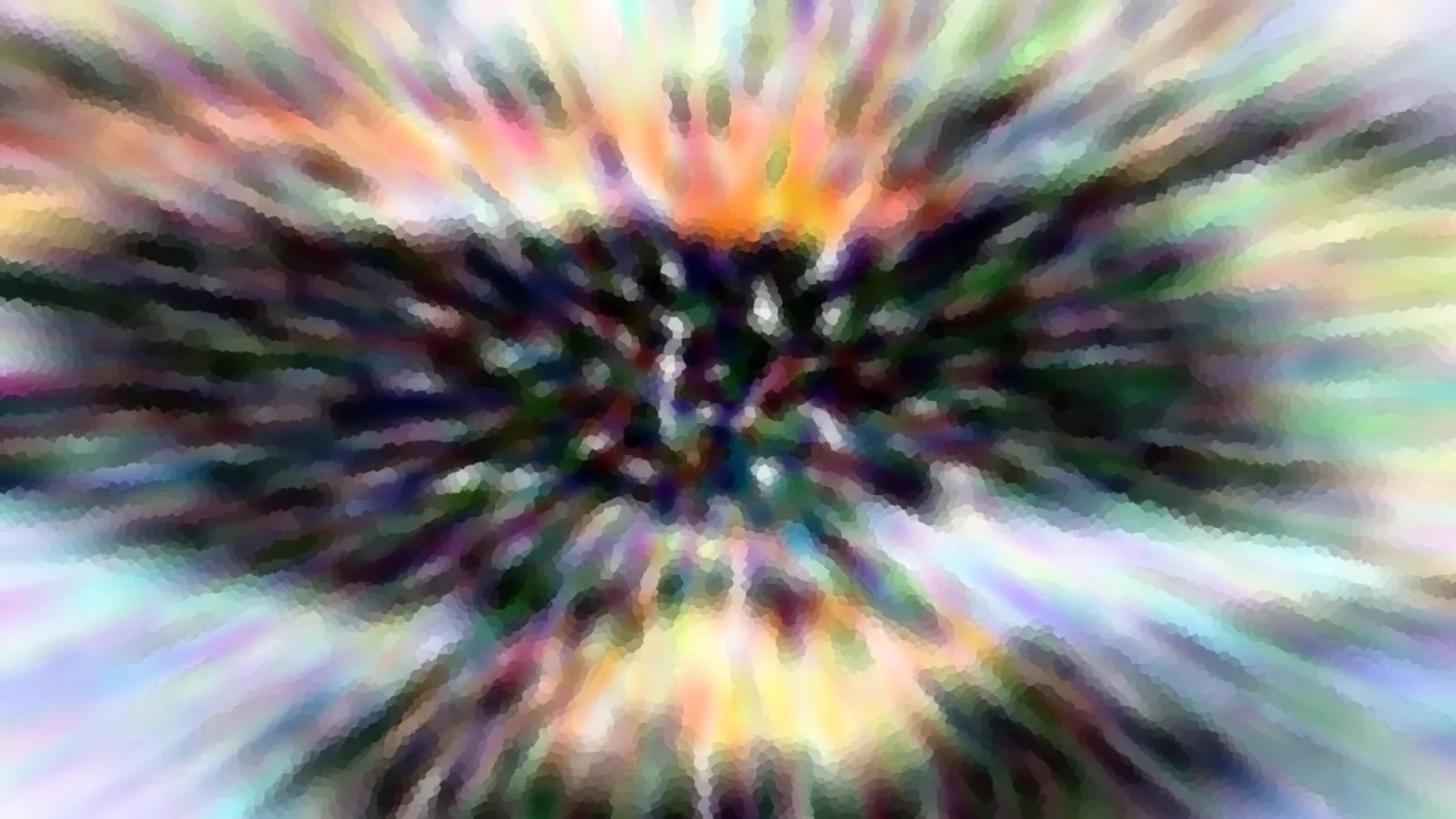 Abstraktes Bild mit radialen, bunten Schlieren in Regenbogenfarben, die von einem dunklen Zentrum nach außen strahlen. Die Kanten wirken pixelig.