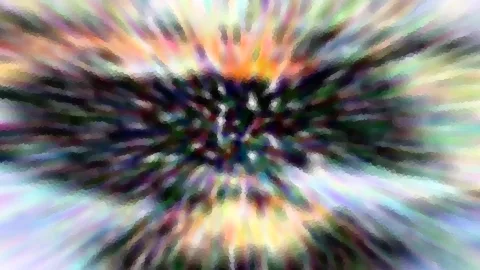 Abstraktes Bild mit radialen, bunten Schlieren in Regenbogenfarben, die von einem dunklen Zentrum nach außen strahlen. Die Kanten wirken pixelig.