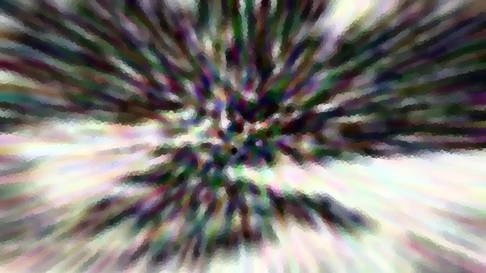 Abstrakte Komposition aus bunten, radial vom Zentrum nach außen laufenden Streifen mit pixeligem Mosaikeffekt, Mitte dunkel, Ränder hell.