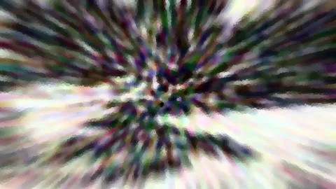 Abstrakte Komposition aus bunten, radial vom Zentrum nach außen laufenden Streifen mit pixeligem Mosaikeffekt, Mitte dunkel, Ränder hell.