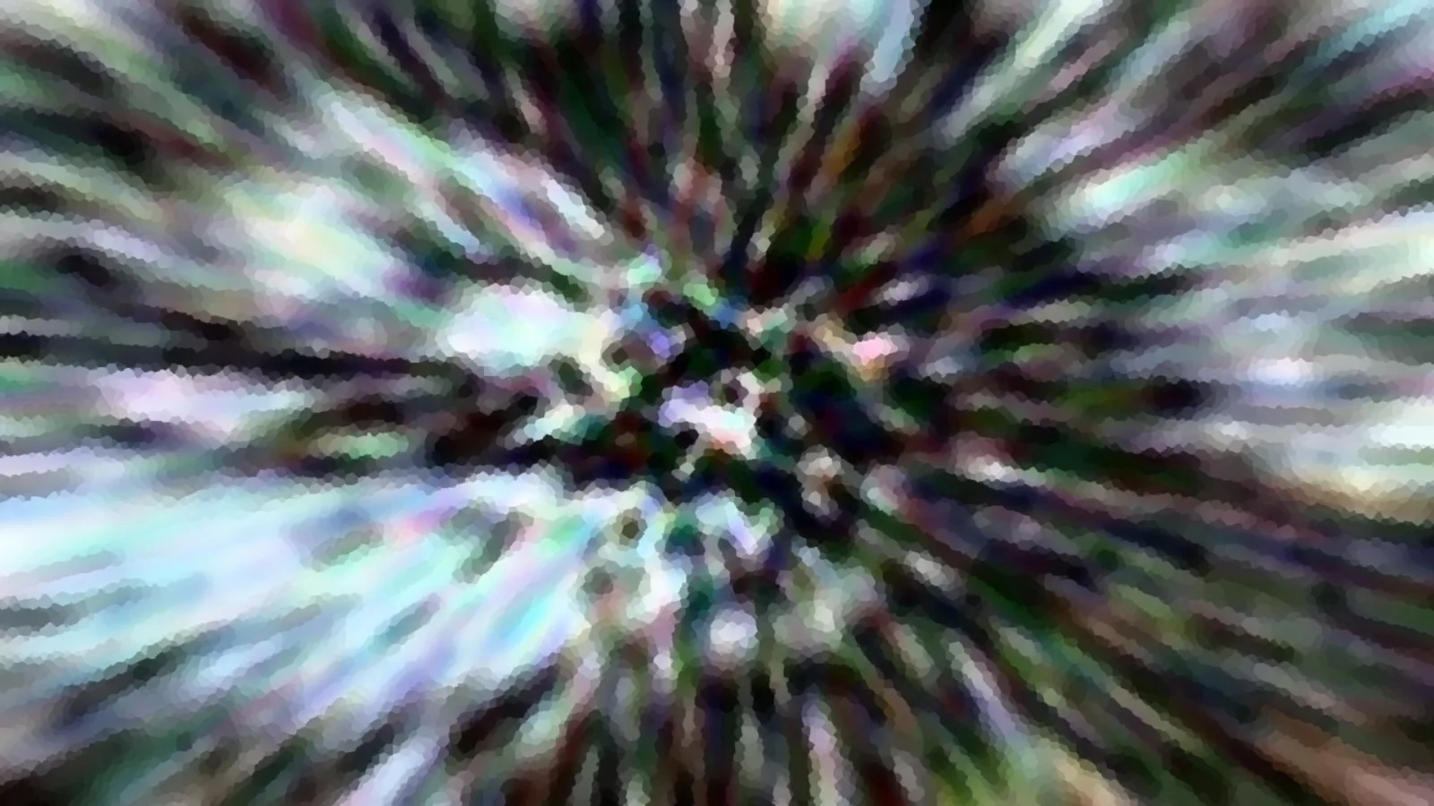 Abstrakte Komposition aus bunten, radial vom dunklen Zentrum nach außen laufenden Farbstreifen, pixelig verwischt