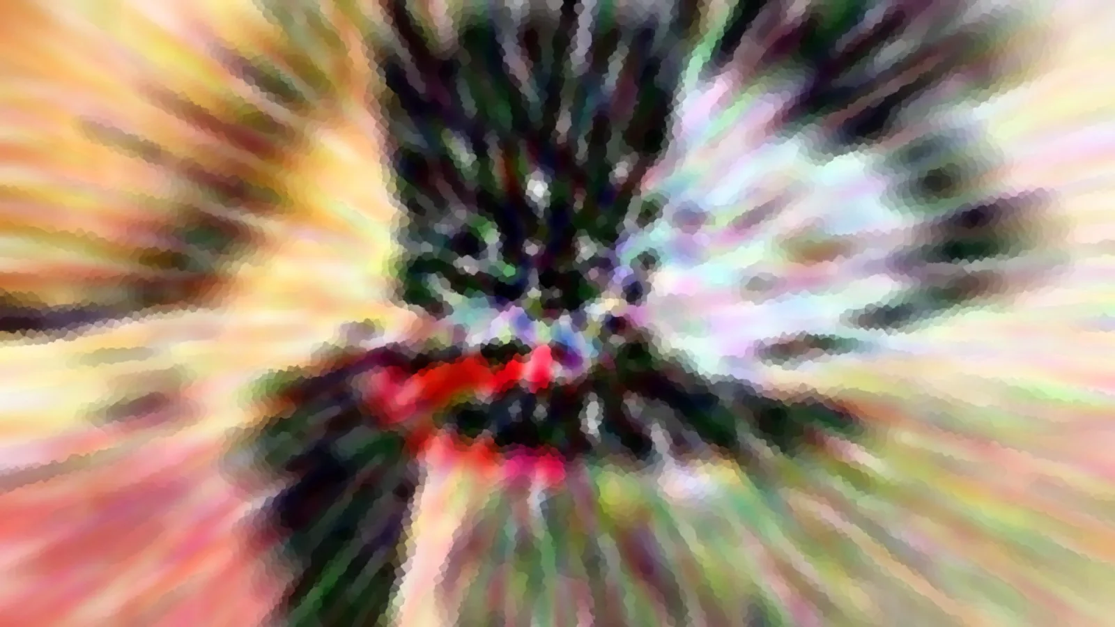 Abstrakte Komposition mit radialem Zoomeffekt in Orange, Gelb, Grün und Schwarz, im Zentrum ein roter Fleck, das Ganze grob verpixelt.