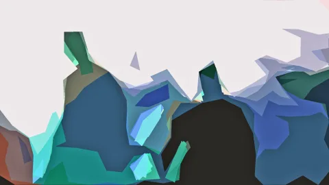 Abstrakte Komposition aus blauen, türkisen und grauen Polygonen vor hellem Hintergrund, in der unteren Bildmitte ein schwarzer Bereich.