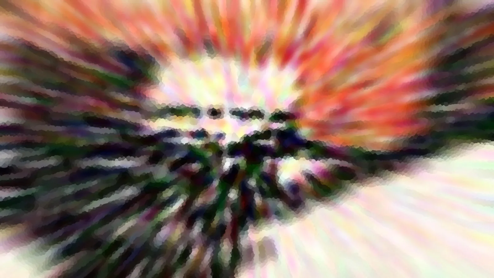 Abstrakte Komposition mit radial nach außen verlaufenden Unschärfestreifen in Rot, Orange, Grün und Weiß, im Zentrum ein dunkles Geflecht, mosaikartig pixelig.