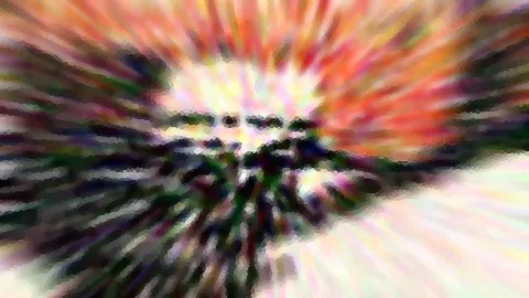 Abstrakte Komposition mit radial nach außen verlaufenden Unschärfestreifen in Rot, Orange, Grün und Weiß, im Zentrum ein dunkles Geflecht, mosaikartig pixelig.
