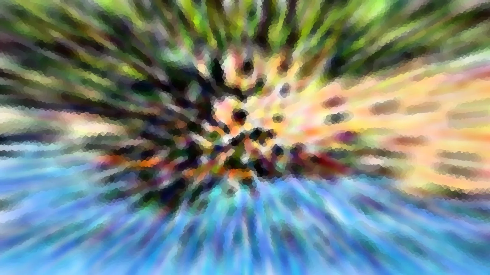Abstrakte Komposition aus radial verlaufenden, stark verwischten Farbstreifen in Grün, Gelb, Orange und Blau, die von einem dunklen Zentrum nach außen strahlen.