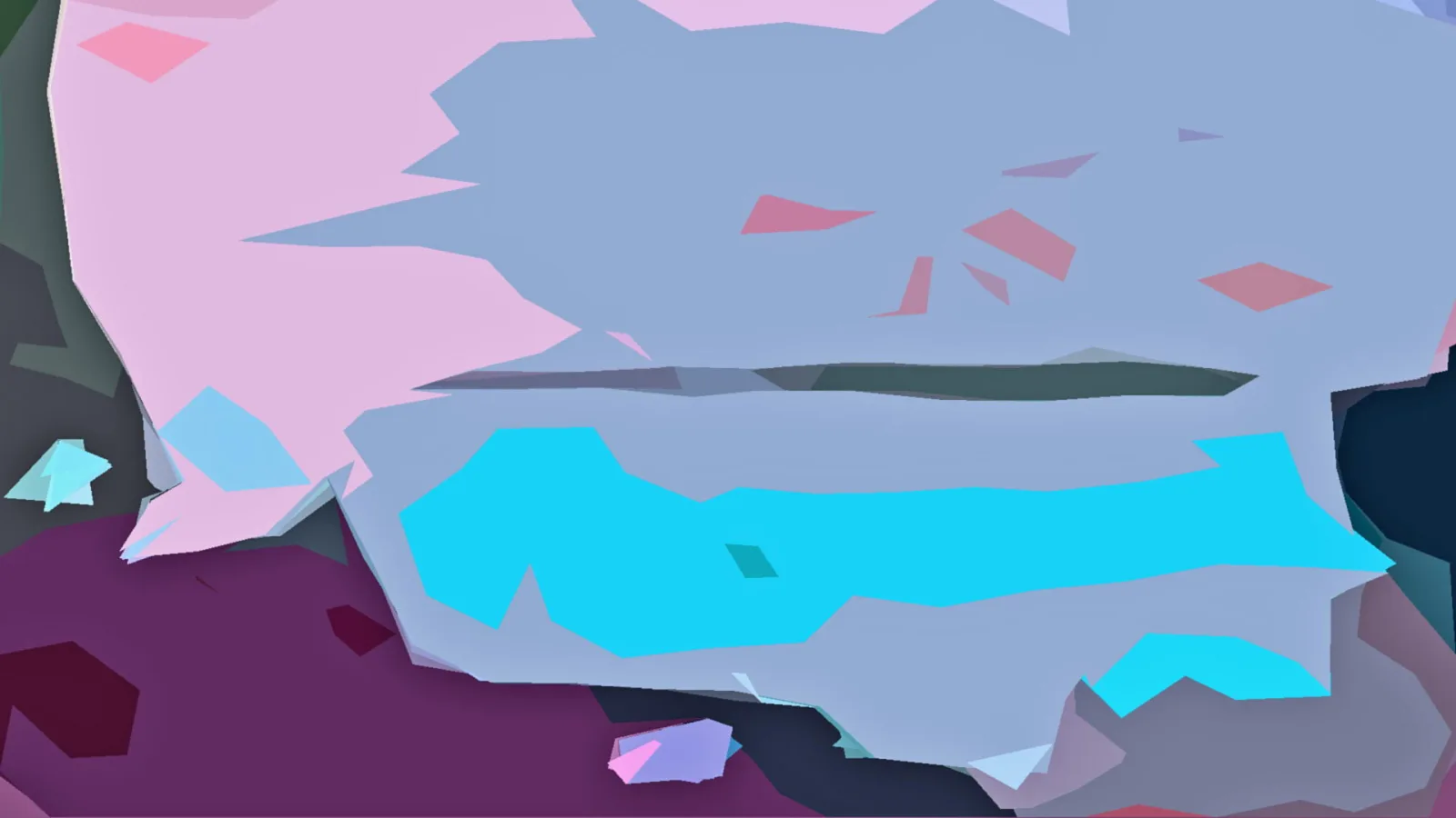 Abstrakte Komposition aus flachen, kantigen Formen in Rosa, Blaugrau und Cyan vor dunklem Grund.